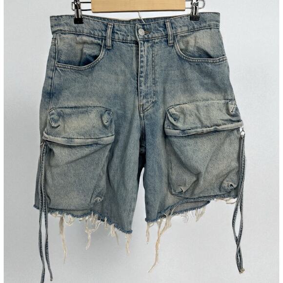 Zara Light Wash Zip Pocket Cargo Jean Shorts Size 32 Grunge - Picture 1 of 5